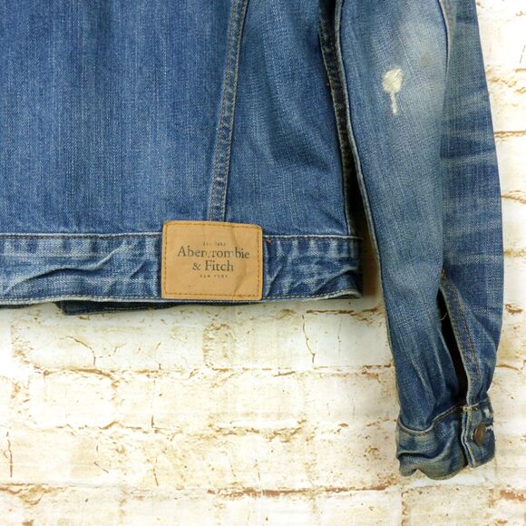 VTG Abercrombie & Fitch Trucker Jacket Men L Slim Blue Denim Wash Distress Y2K - Picture 11 of 14